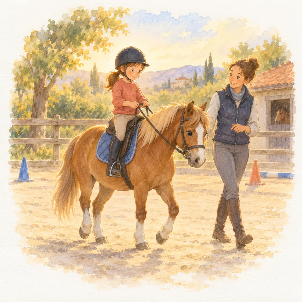 Une enfant tient les rênes d’un poney alezan en selle, tandis qu’une monitrice marche à ses côtés dans la carrière