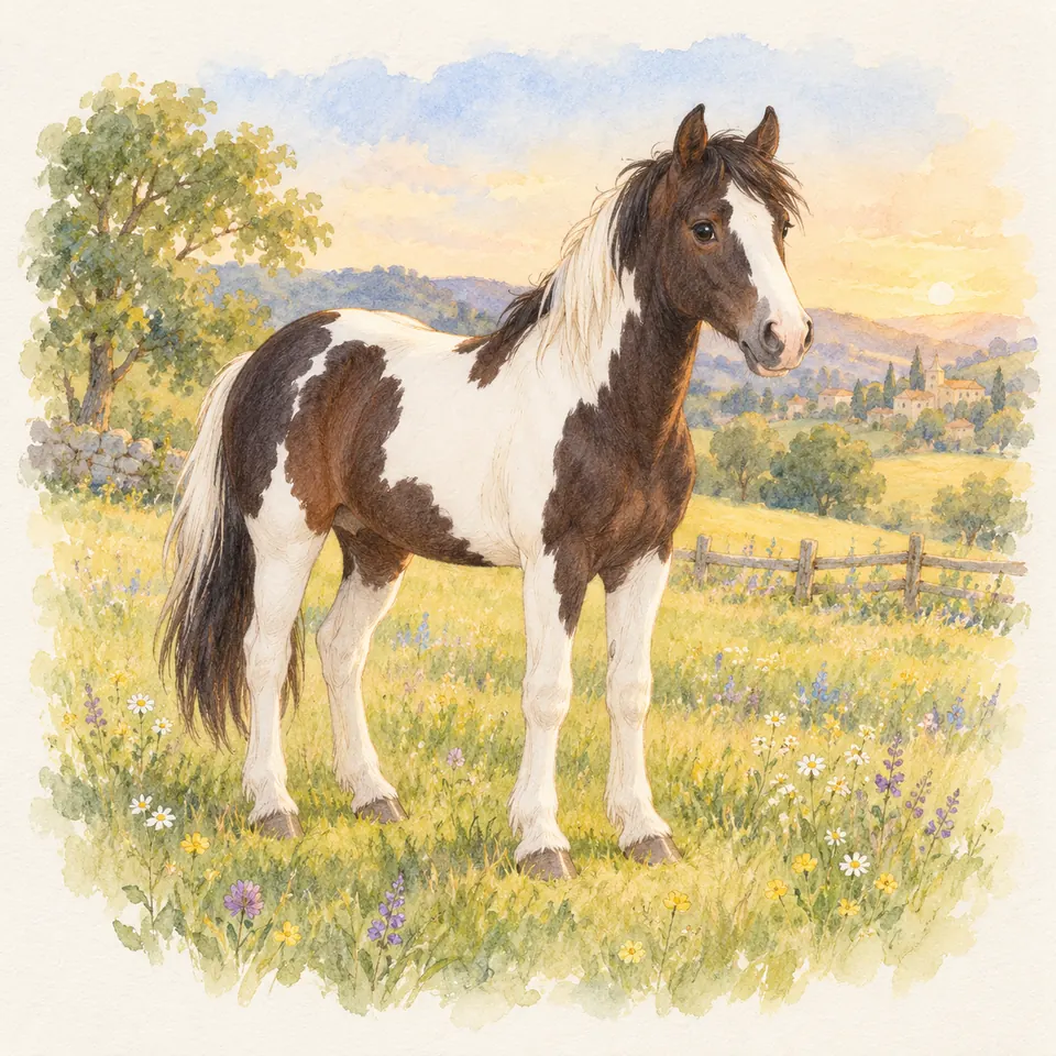 Un cheval pie bai tobiano aux grandes plages blanches et aux membres blancs se tient dans un pré fleuri