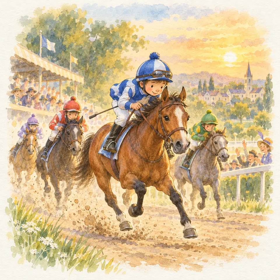Un jockey portant une toque bleue et blanche galope sur un cheval bai, devant d’autres concurrents sur la piste