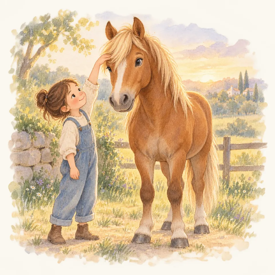 Une enfant soulève le toupet blond d’un poney alezan à large liste blanche, debout près d’une clôture
