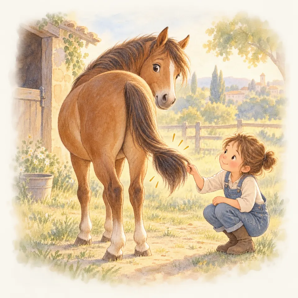 Une enfant accroupie touche le toupillon sombre d’un poney bai qui tourne la tête vers elle près de l’écurie