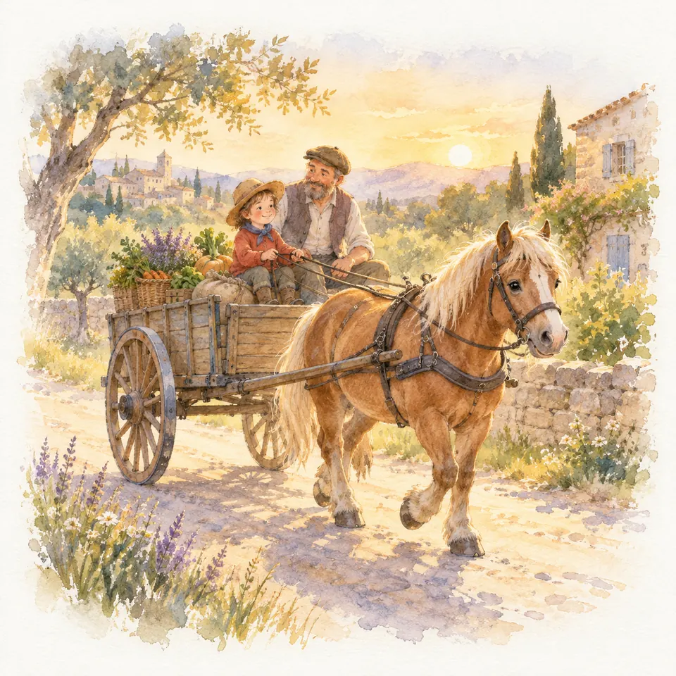 Un cheval alezan aux crins lavés tire une charrette transportant un homme, un enfant et des légumes sur un chemin