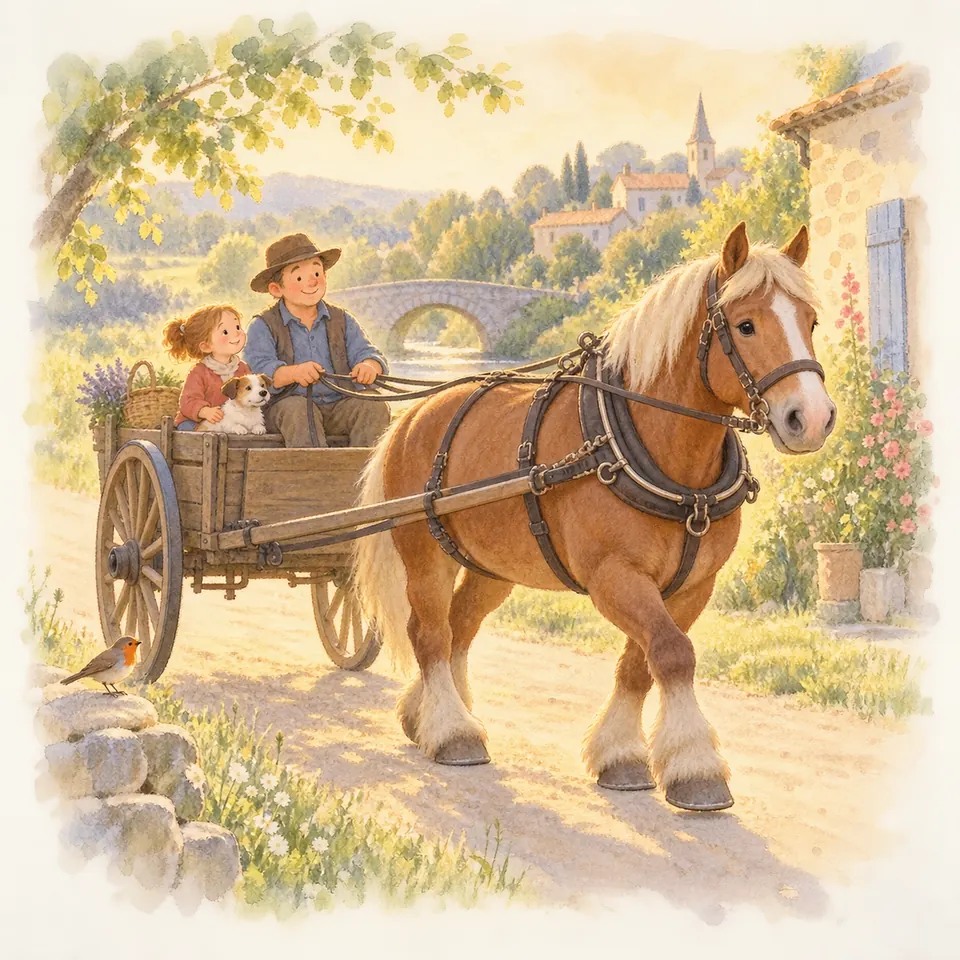 Un cheval alezan harnaché tire une charrette par ses traits, avec un meneur et une enfant à bord sur un chemin de village