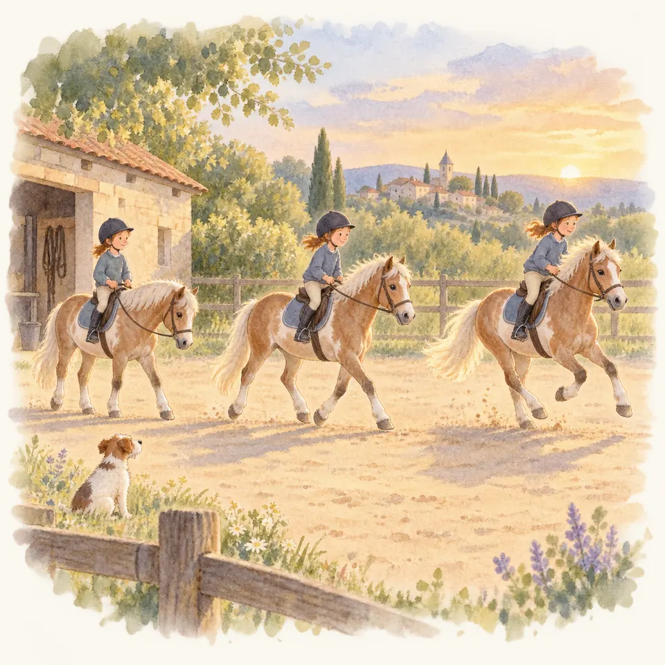 Trois enfants casqués montent des poneys palominos à différentes allures dans une carrière bordée de bois