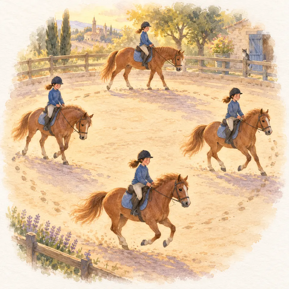 Quatre cavalières montent des poneys alezans à différentes allures dans une carrière près de l’écurie
