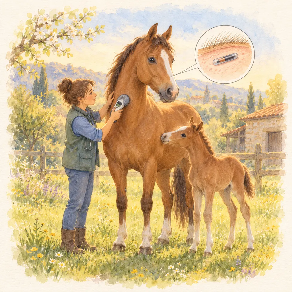 Une femme passe un lecteur sur l’encolure d’un cheval alezan près d’un poulain, avec un détail du transpondeur sous la peau