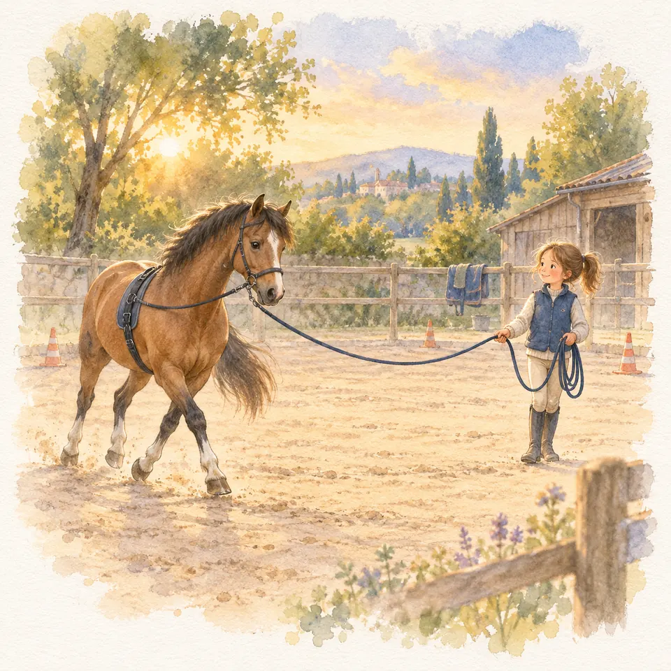 Une jeune fille tient la longe d’un cheval bai équipé d’un surfaix qui trotte en cercle dans une carrière