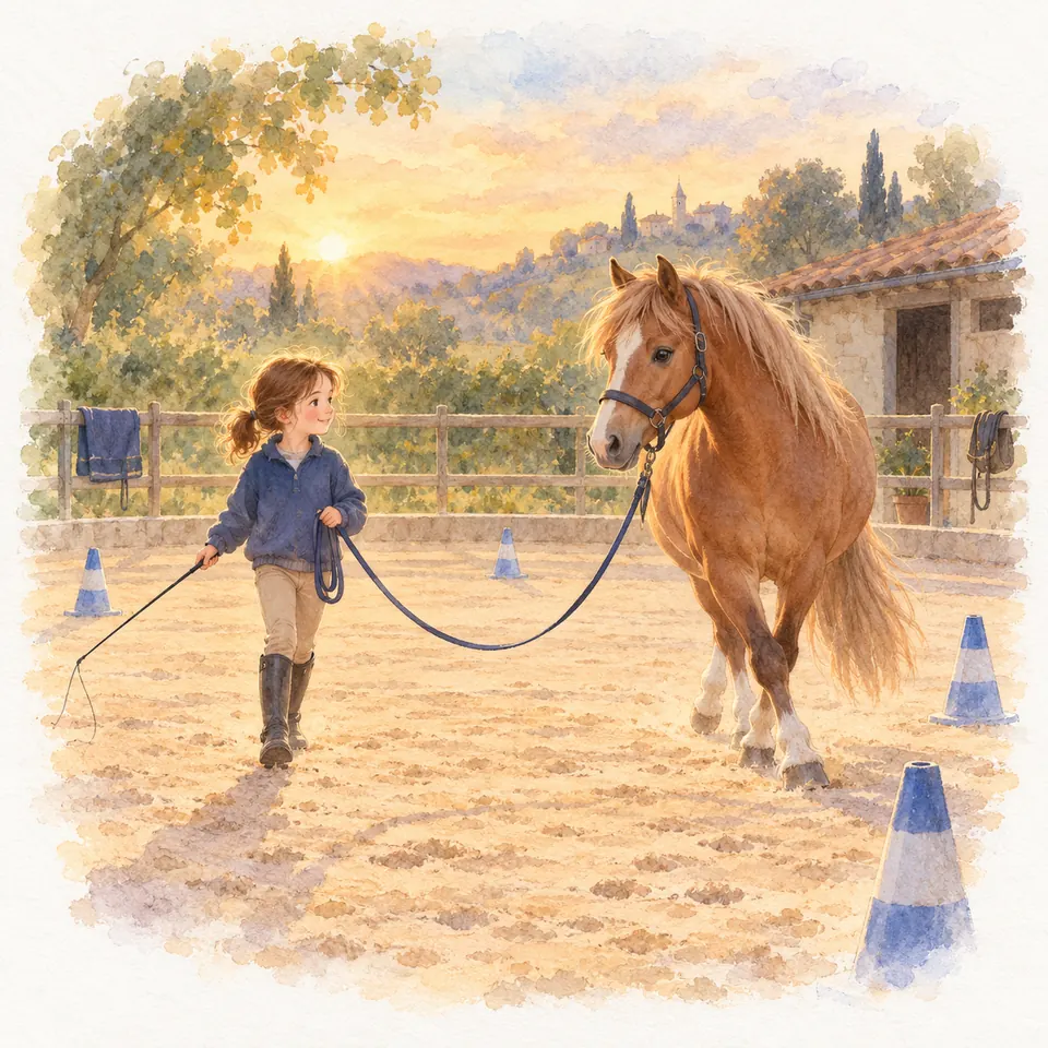 Une jeune fille mène un cheval palomino en licol, une chambrière à la main, entre des plots dans une carrière