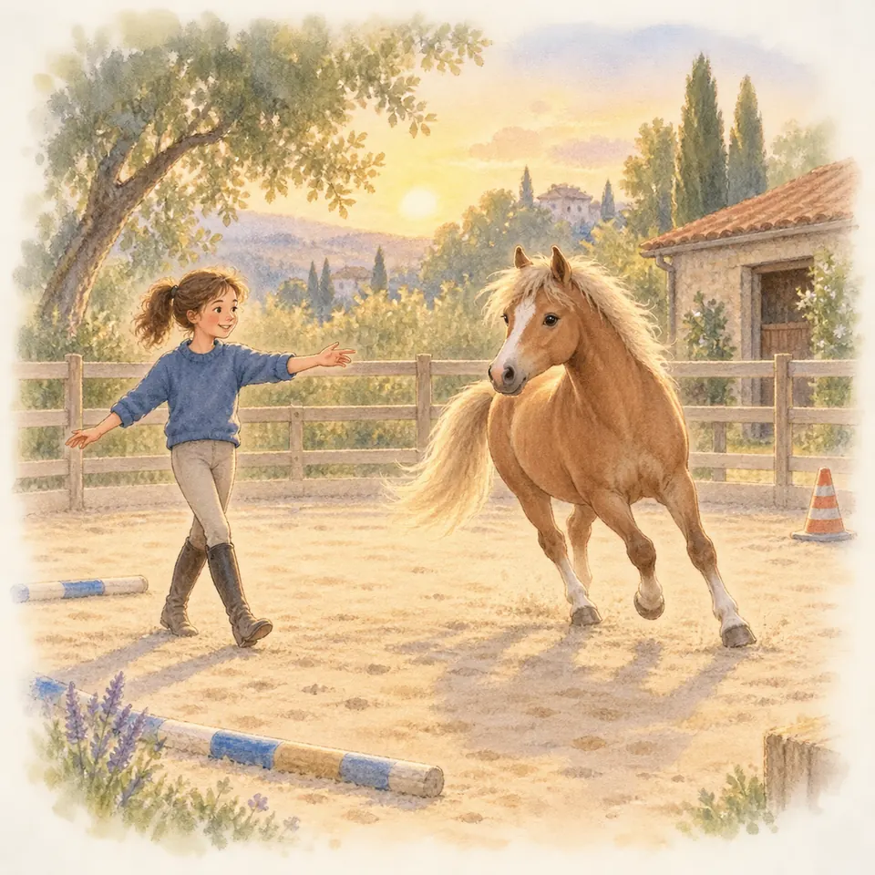 Une jeune fille tend le bras vers un cheval palomino en liberté dans une carrière avec des barres au sol