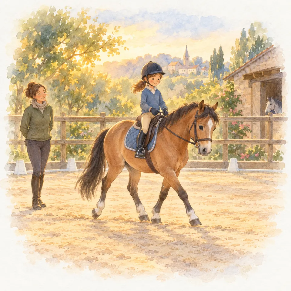 Une enfant casquée monte un poney bai dans une carrière, sous le regard d’une monitrice debout à ses côtés