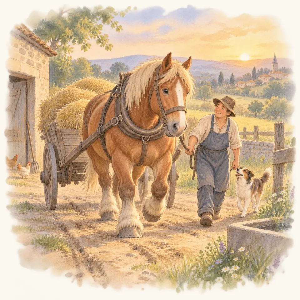 Un cheval alezan tracte une charrette chargée de foin, guidé par une femme à pied près d’une ferme, avec un chien