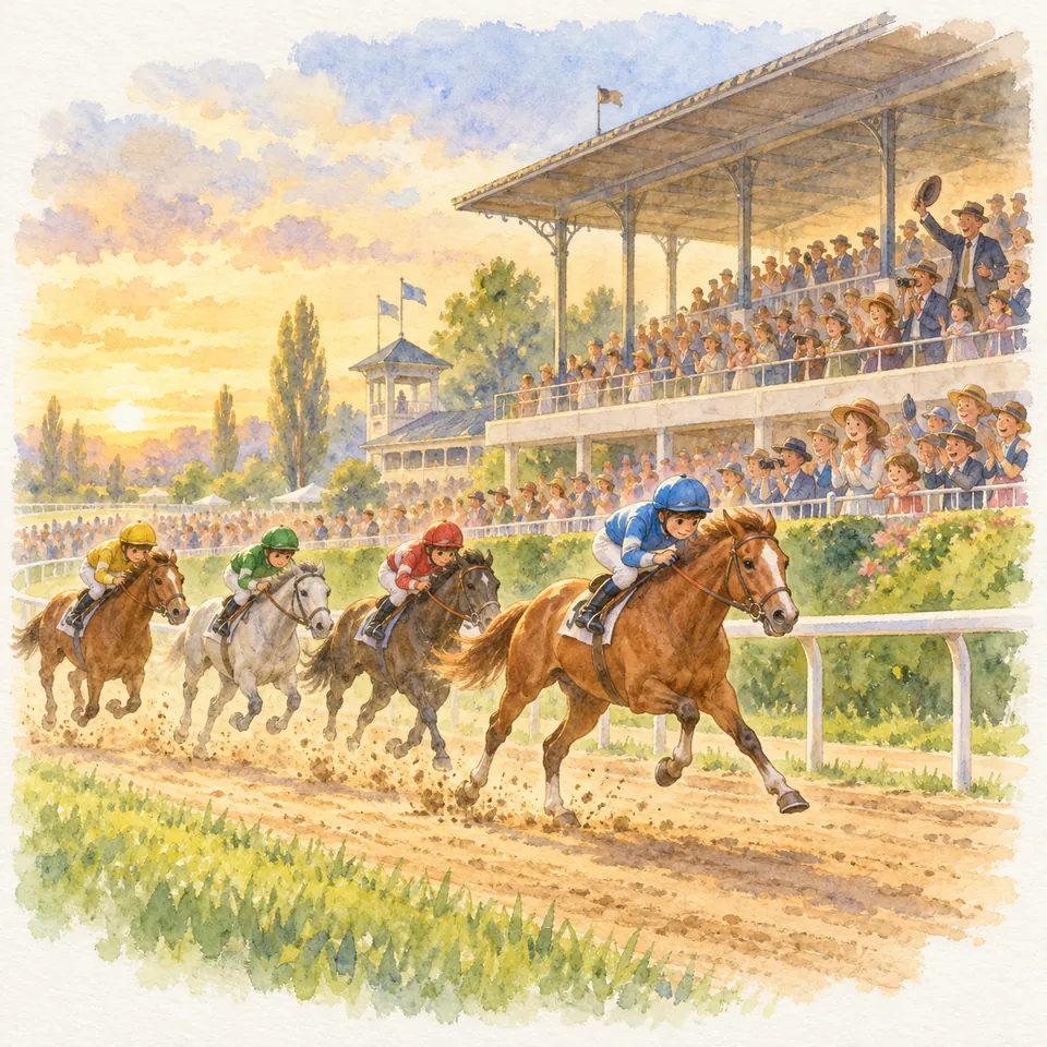 Des jockeys montent des chevaux au galop sur la piste, devant une tribune couverte remplie de spectateurs