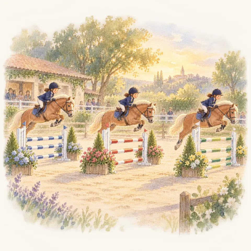 Trois poneys alezans montés par de jeunes cavaliers franchissent trois obstacles à barres alignés dans une carrière