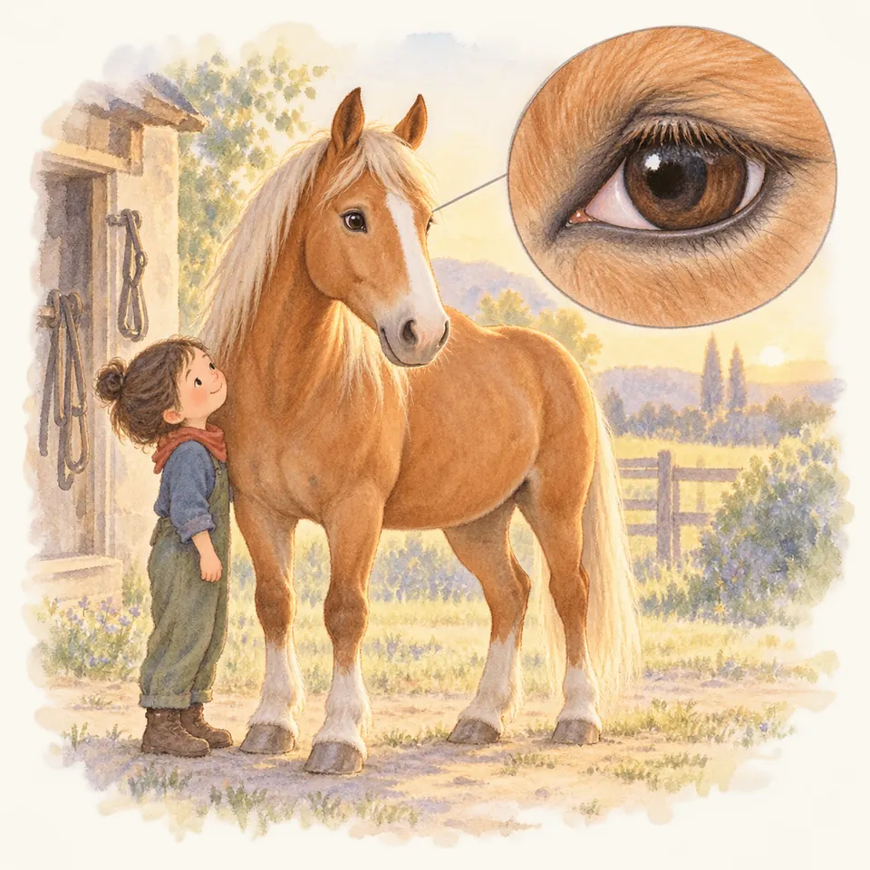 Un enfant se tient près d’un cheval alezan devant l’écurie, avec la troisième paupière visible au coin de l’œil