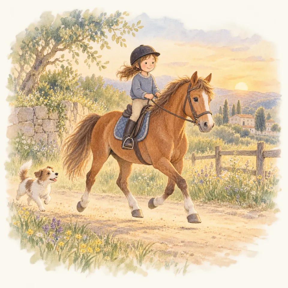 Une enfant casquée monte un poney alezan au trot sur un chemin bordé de fleurs, accompagnée d’un petit chien