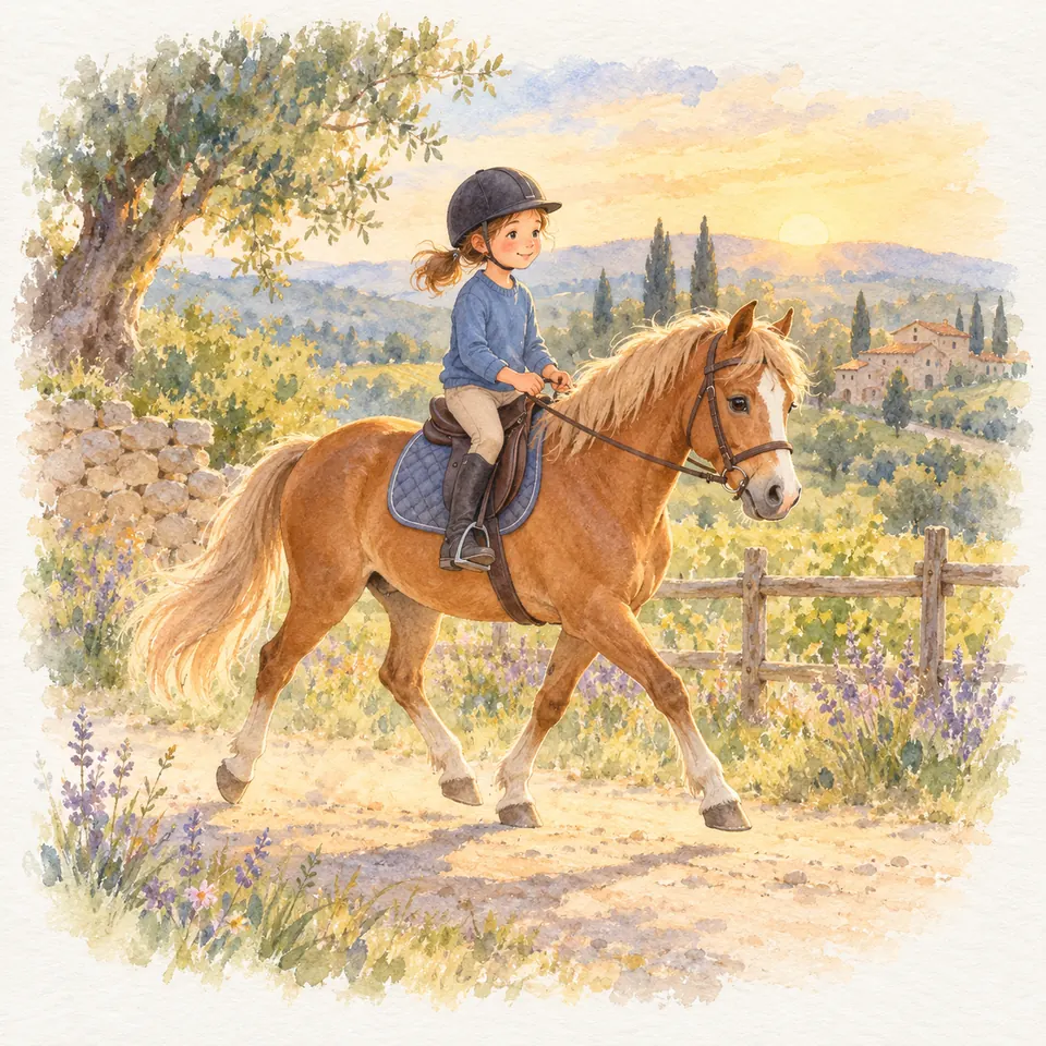 Une jeune cavalière reste assise dans sa selle sur un poney alezan au trot, le long d’une clôture en bois