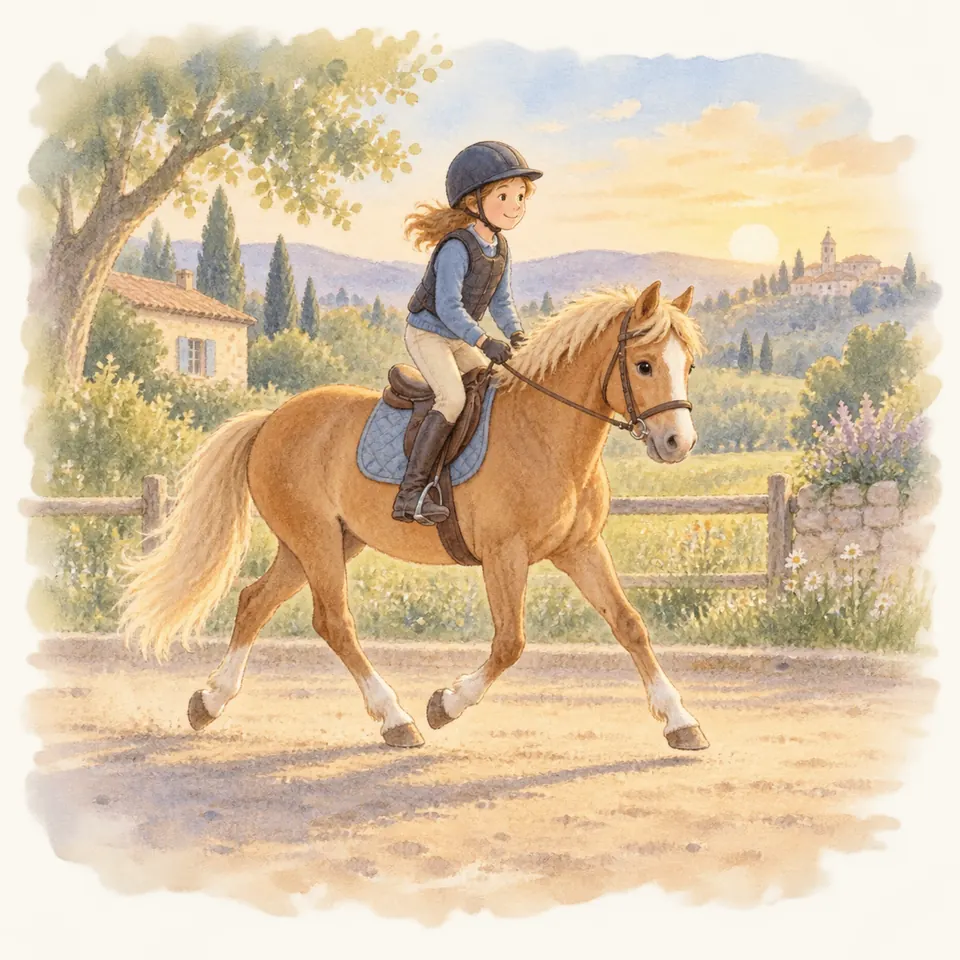 Une cavalière casquée se soulève de la selle au trot enlevé sur un poney palomino, le long d’une clôture en bois