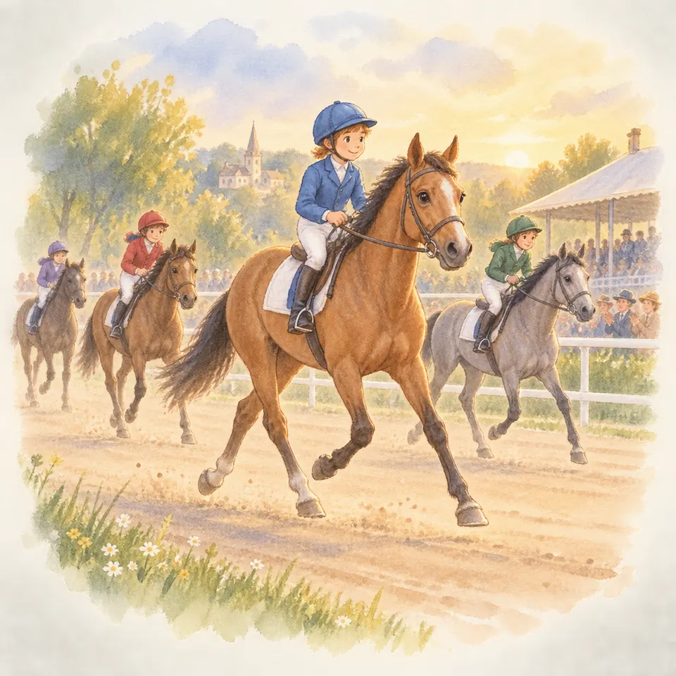 Des cavaliers en tenue de course montent des chevaux bais et gris au trot sur une piste bordée d’une tribune