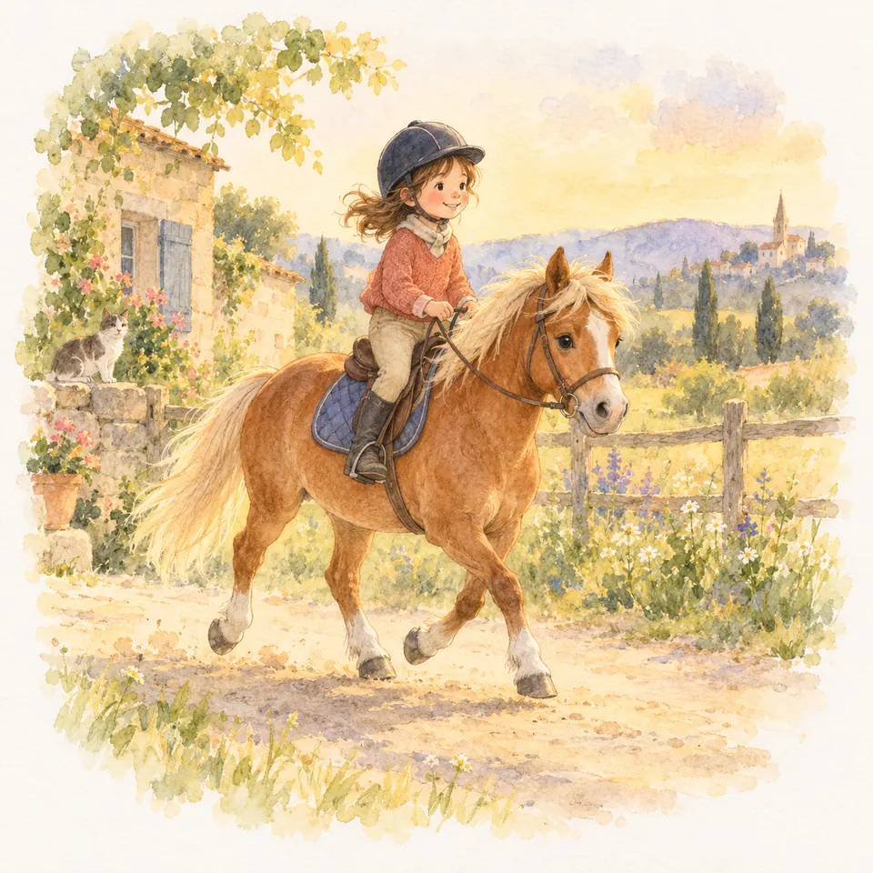 Une enfant casquée trottine sur un poney alezan à la crinière claire le long d’un chemin bordé de fleurs et d’une clôture