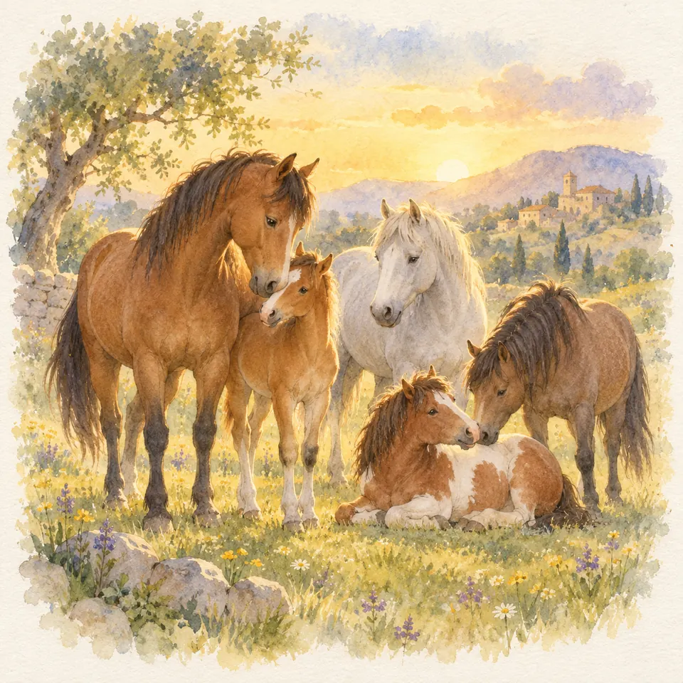 Un troupeau de chevaux bais, alezan et gris entoure un poney pie alezan couché dans un pré fleuri près d’un arbre