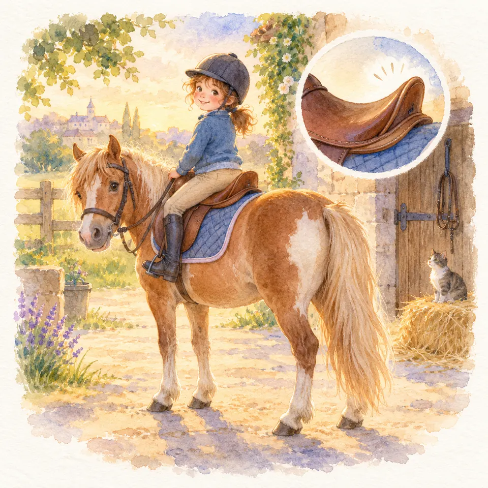 Une jeune cavalière monte un poney pie alezan dans la cour d’une écurie, avec une selle brune au troussequin relevé