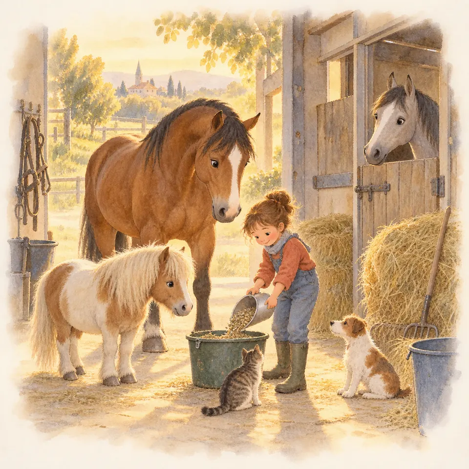 Une enfant verse des granulés dans un seau devant un cheval bai et un poney pie alezan, près des boxes et du foin