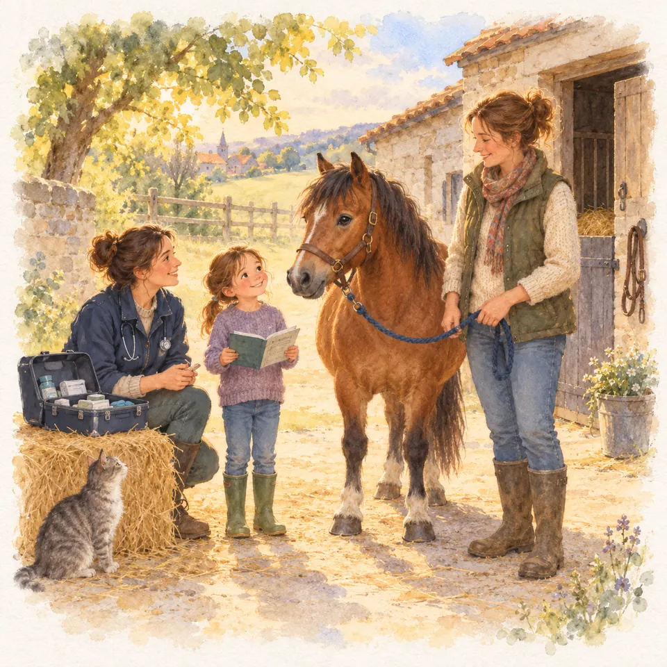 Une femme tient un poney bai près d’une vétérinaire et d’une enfant avec un carnet, devant une écurie en pierre
