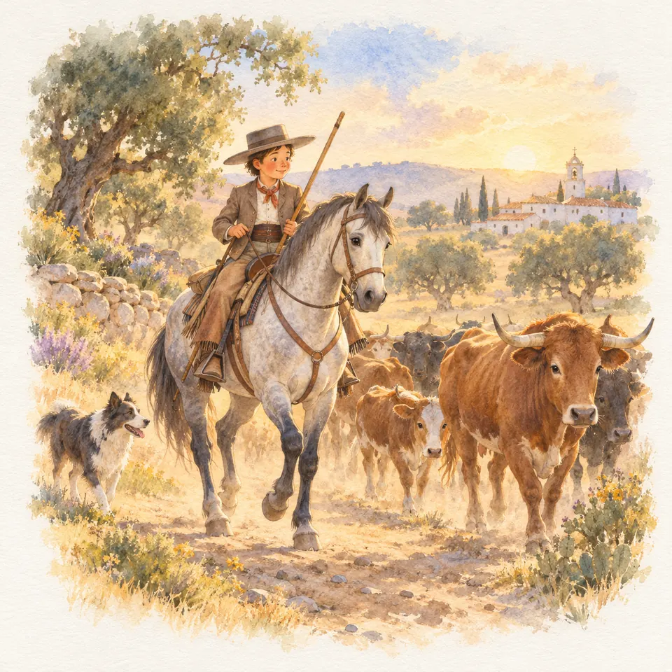 Un vaquero à cheval gris tient une longue perche et accompagne un troupeau de bovins sur un chemin avec un chien