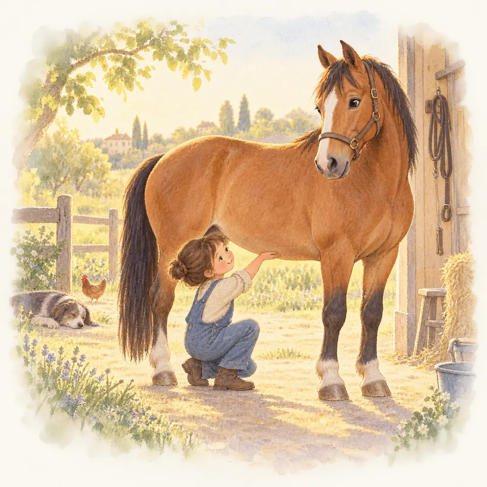 Une enfant accroupie pose une main sous le ventre d’un cheval bai en licol, dans la cour d’une écurie