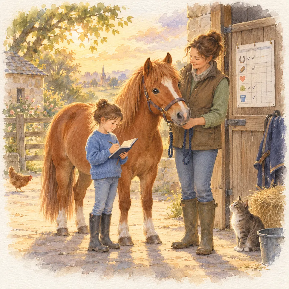 Une femme tient un poney alezan en licol pendant qu’une enfant écrit dans un carnet, près de la porte de l’écurie