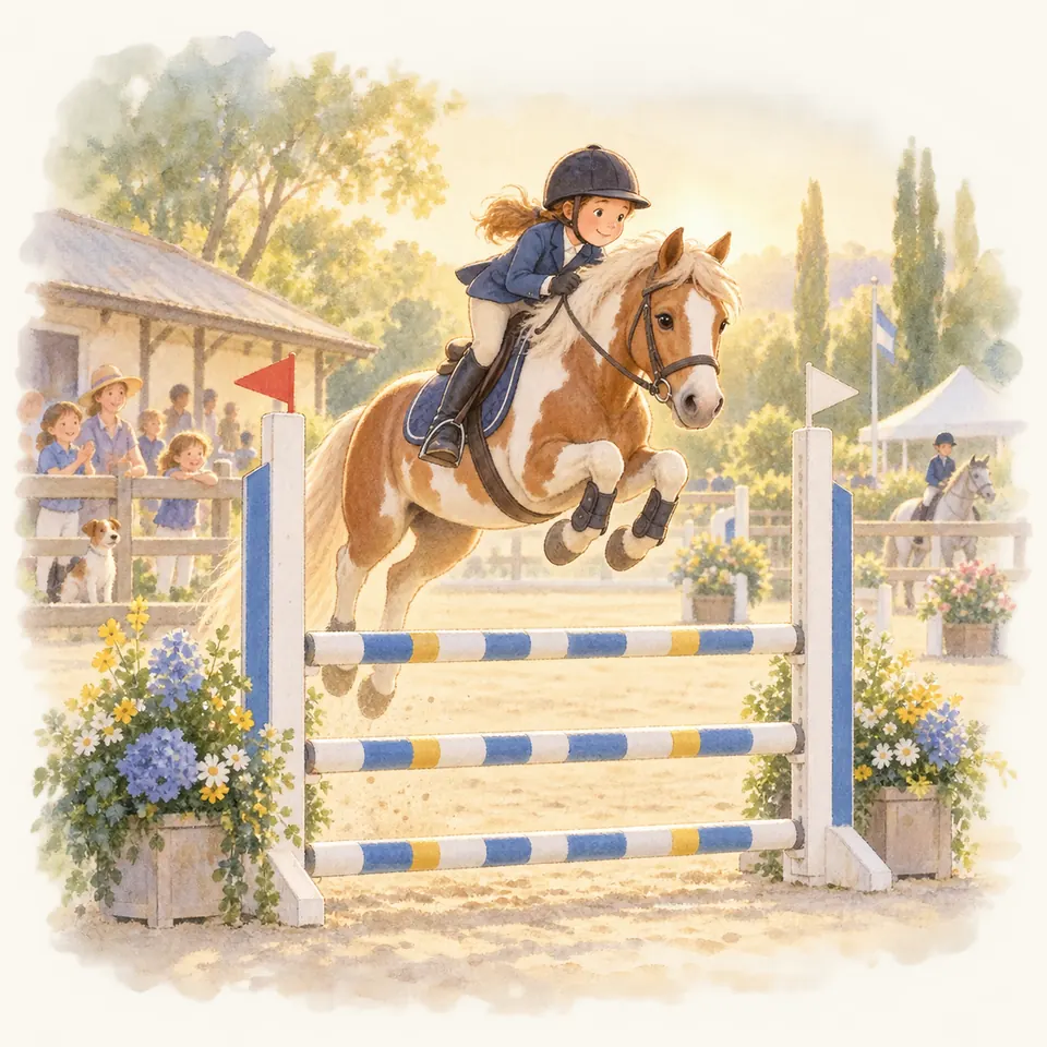 Une jeune cavalière sur un poney pie alezan franchit un vertical aux barres bleues, blanches et jaunes dans une carrière