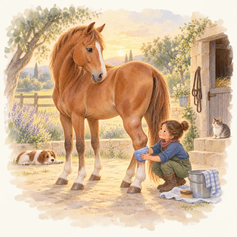 Une jeune femme accroupie applique un linge bleu sur le postérieur d’un cheval alezan devant une écurie
