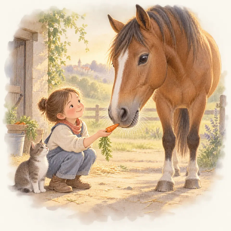Une enfant tend une carotte à un cheval bai dont les vibrisses bordent le museau, près d’un chat devant l’écurie