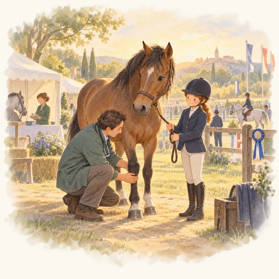 Un vétérinaire accroupi examine un antérieur d’un cheval bai tenu en longe par une jeune cavalière casquée