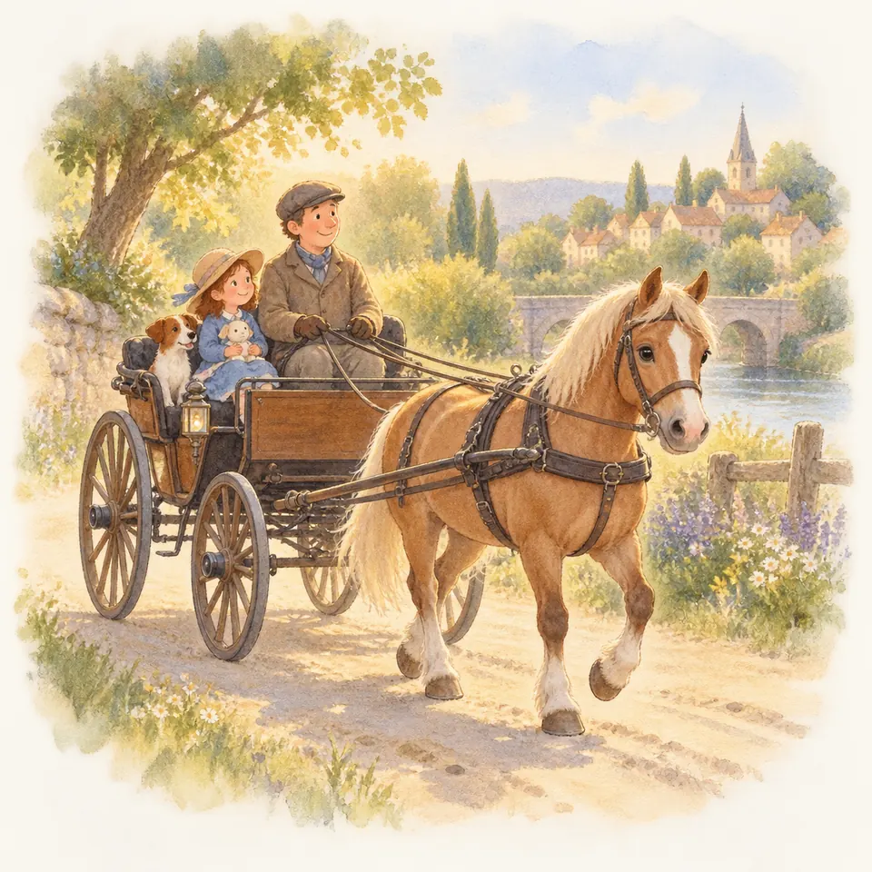 Un poney palomino attelé tire une voiture à quatre roues avec un meneur, une enfant et un chien sur un chemin