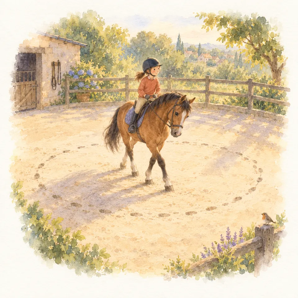 Une jeune cavalière casquée monte un poney bai sur une volte marquée par des traces de sabots dans une carrière