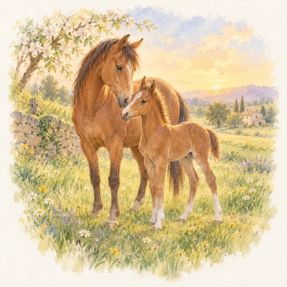 Un jeune cheval alezan aux balzanes blanches se tient près d’un cheval bai dans un pré fleuri bordé d’un muret