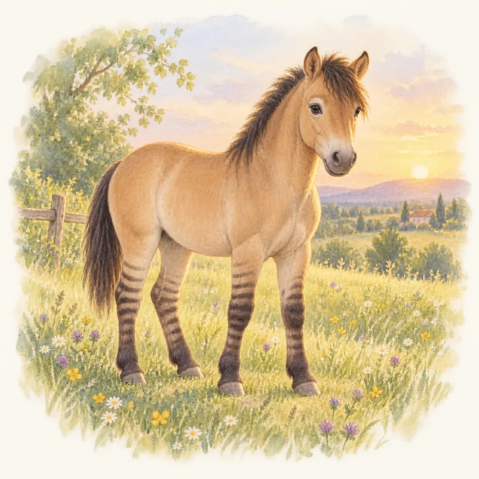 Un cheval isabelle aux zébrures sombres sur les membres se tient dans un pré fleuri près d’une clôture en bois