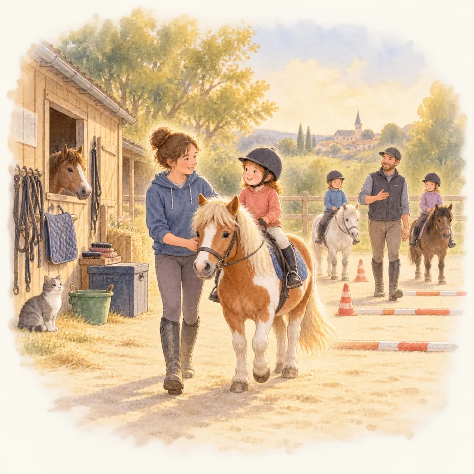 Une monitrice guide un poney palomino monté par une enfant casquée, près de barres au sol et de plots dans la carrière