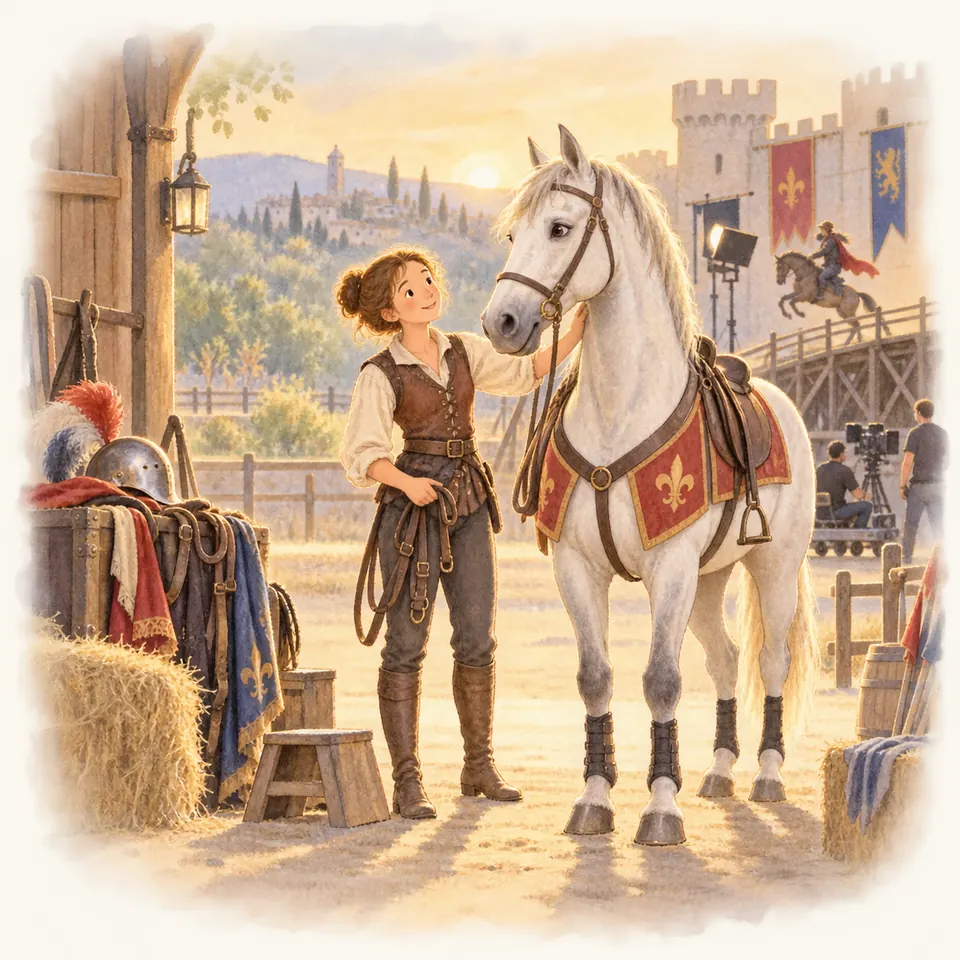 Une artiste en costume tient un cheval gris sellé près d’accessoires médiévaux, sur un plateau avec caméras