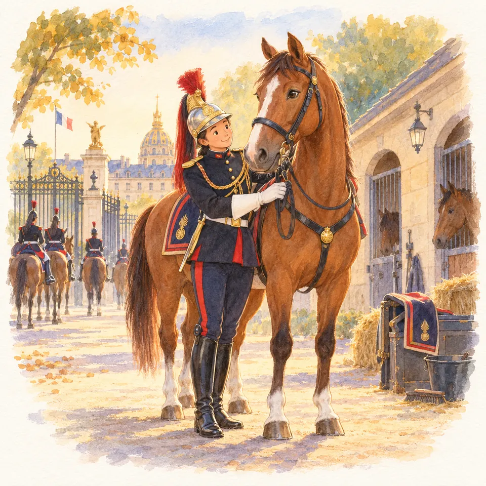 Une cavalière de la Garde républicaine en uniforme tient un cheval alezan par les rênes dans la cour des écuries