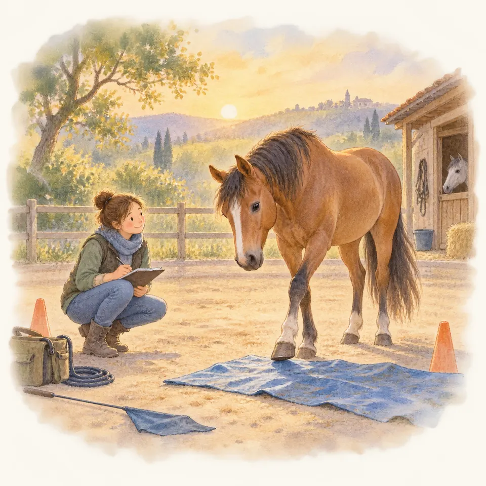 Une femme accroupie tient une tablette et observe un cheval bai qui pose un antérieur sur une bâche entre deux plots