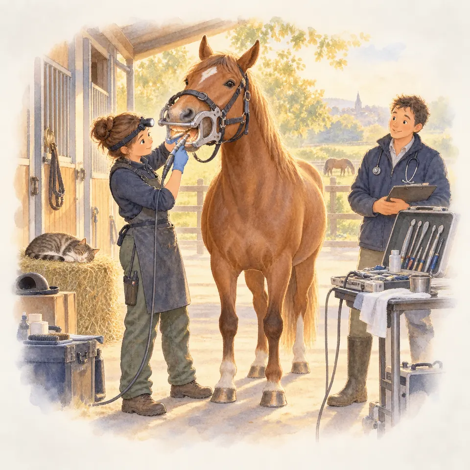 Une technicienne dentaire travaille dans la bouche d’un cheval alezan équipé d’un pas-d’âne, près d’une table d’instruments