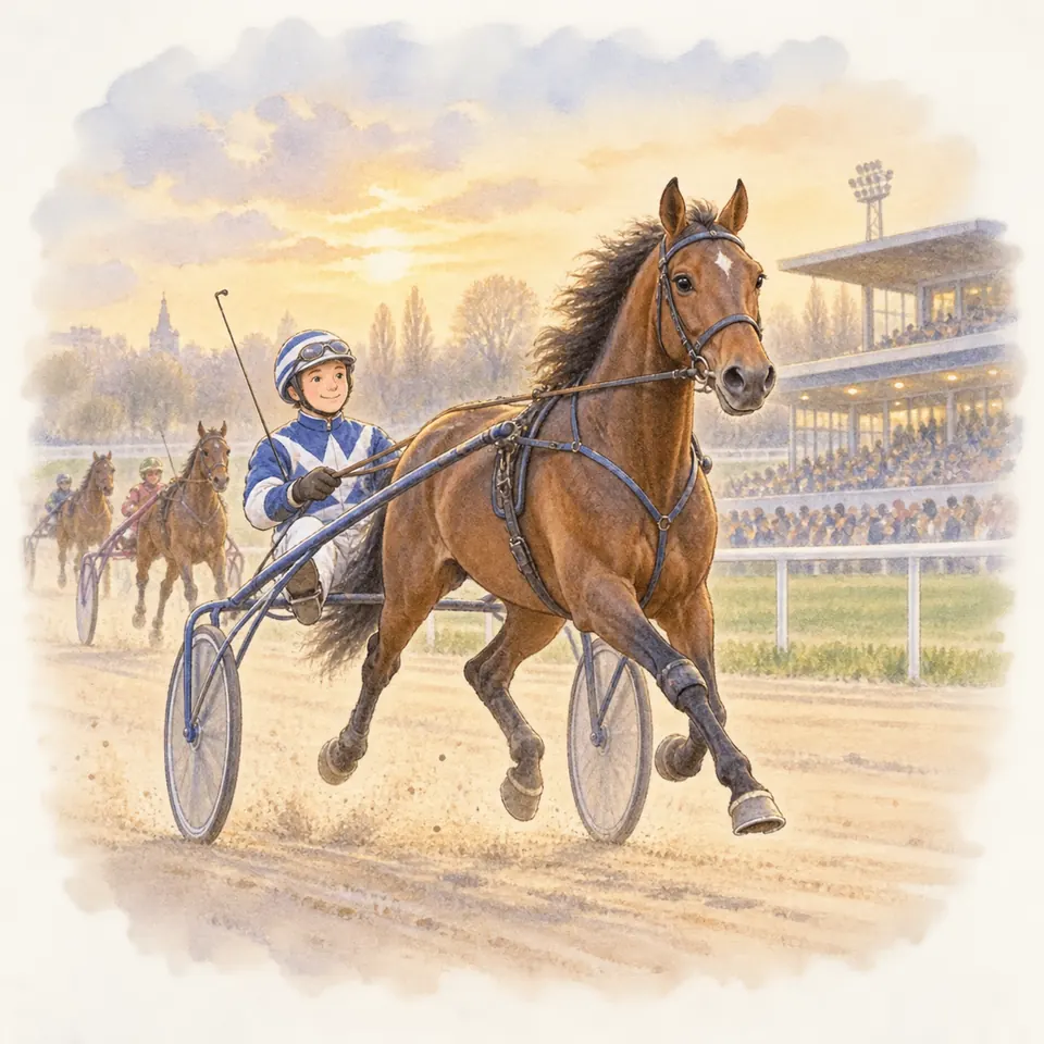 Un driver casqué en casaque bleue et blanche mène un cheval bai attelé à un sulky sur la piste d’un hippodrome