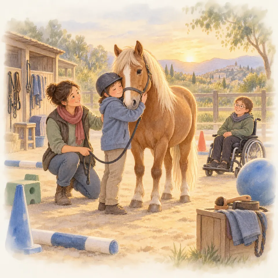 Un enfant casqué caresse un poney palomino auprès d’une femme accroupie, tandis qu’un autre enfant attend en fauteuil roulant
