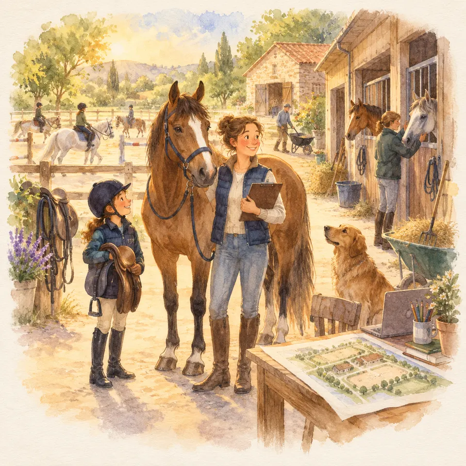 Une femme tenant un porte-documents se tient près d’un cheval bai et d’une enfant casquée dans la cour d’un centre équestre