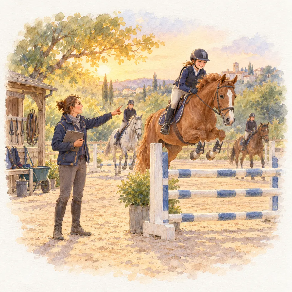 Une monitrice tend le bras vers une cavalière qui franchit un obstacle à barres bleues et blanches sur un cheval alezan