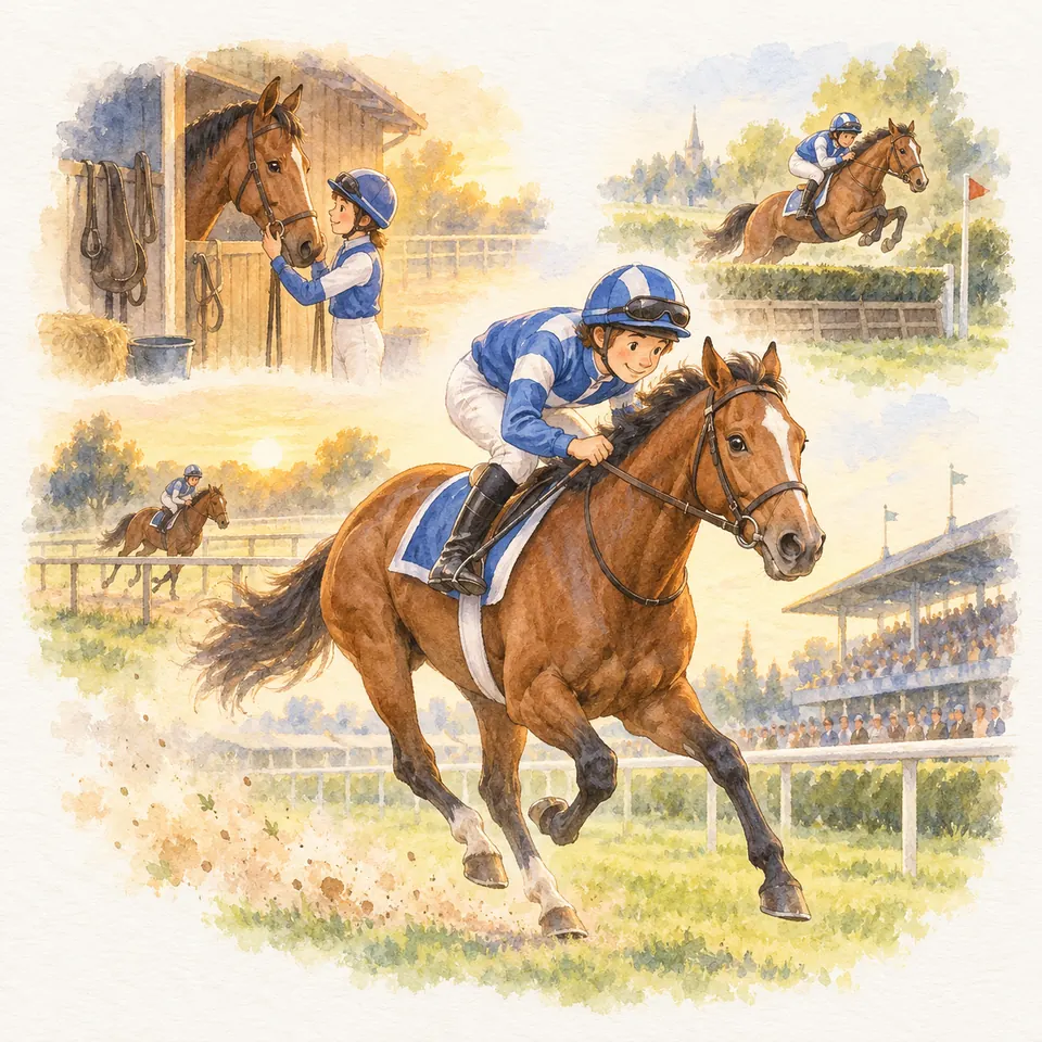 Un jockey en casaque bleue et blanche, penché sur l’encolure d’un cheval bai, galope sur une piste devant les tribunes
