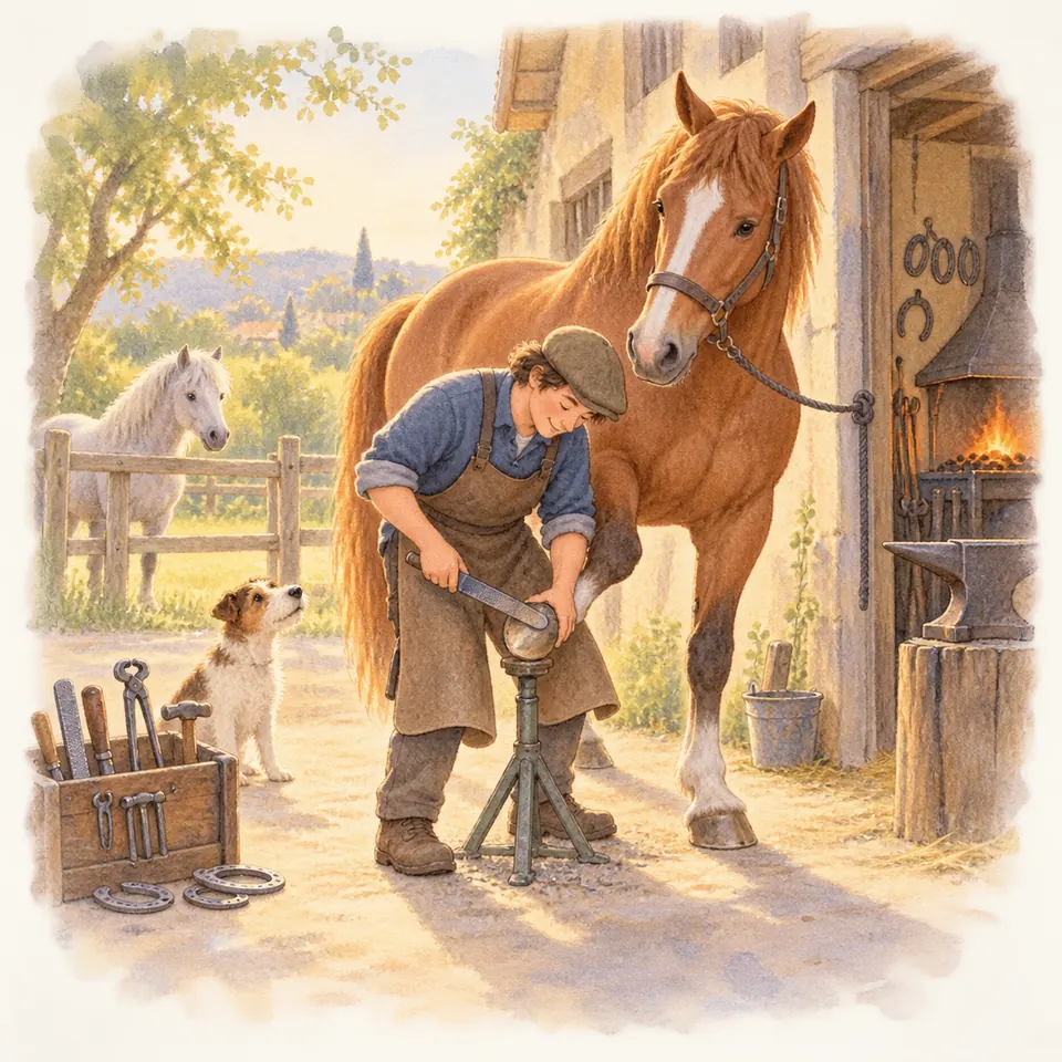Un maréchal-ferrant râpe le sabot d’un cheval alezan posé sur un trépied, près d’une forge et d’une enclume