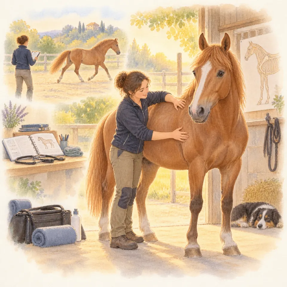 Une ostéopathe équine pose ses mains sur le dos et le flanc d’un cheval alezan à l’entrée d’une écurie